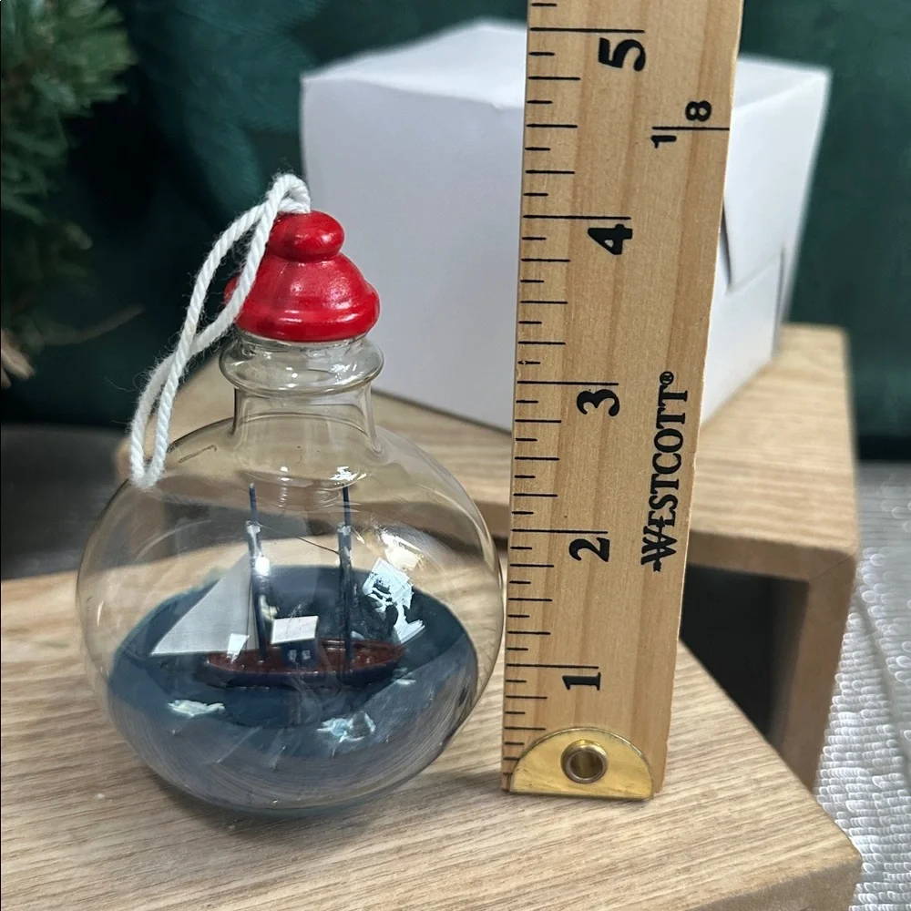 Crate & Barrel Ship-In-A-Bottle Glass Christmas Ornament Nautical